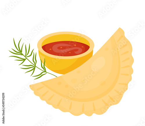 Mexican Empanada with sauce. Traditional popular mexican food. Vector illustration of Latin American national dish for design, gastronomic recipes and menu.