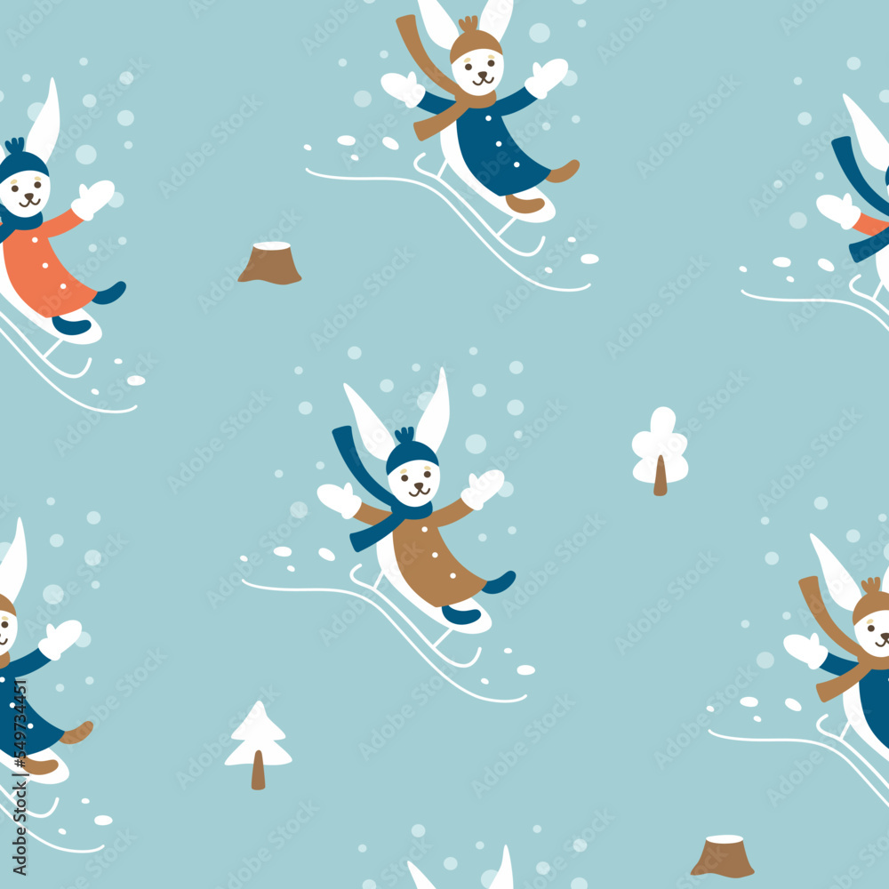 A rabbit on a sleigh descends a hill surrounded by forest and snowfall. Seamless vector pattern on a blue background. A rabbit on a sleigh descends a hill surrounded by forest and snowfall. Seamless vector pattern on a blue background.