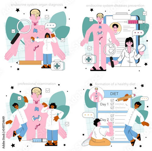 Endocrinologist concept set. Thyroid gland examination. Doctor examines