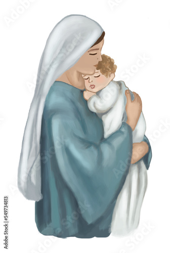 Mary, mother of Jesus illustration, png file, transparent background. Christmas image.