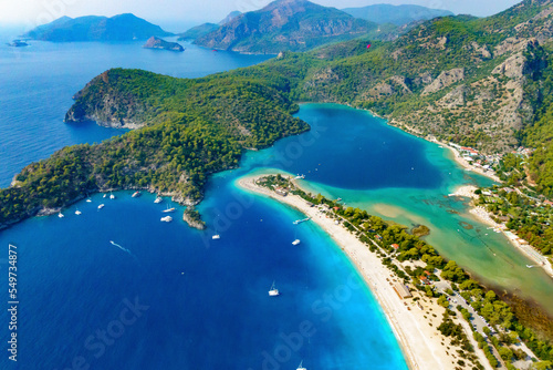 Aerial view of anchored boats and lagoon beach in Oludeniz, Fethiye, Turkey. photo