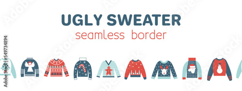 Christmas and new year ugly sweater seamless border. Cozy winter elements with holiday symbols. Flat vector illustration.