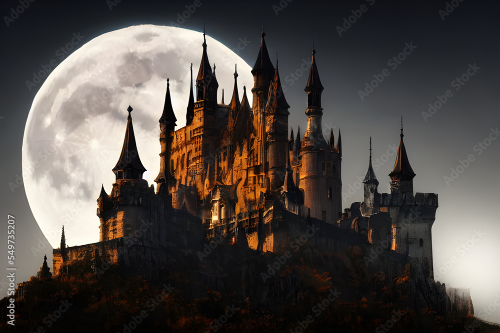 Digital Illustration Dark Castle Under a Big Moon