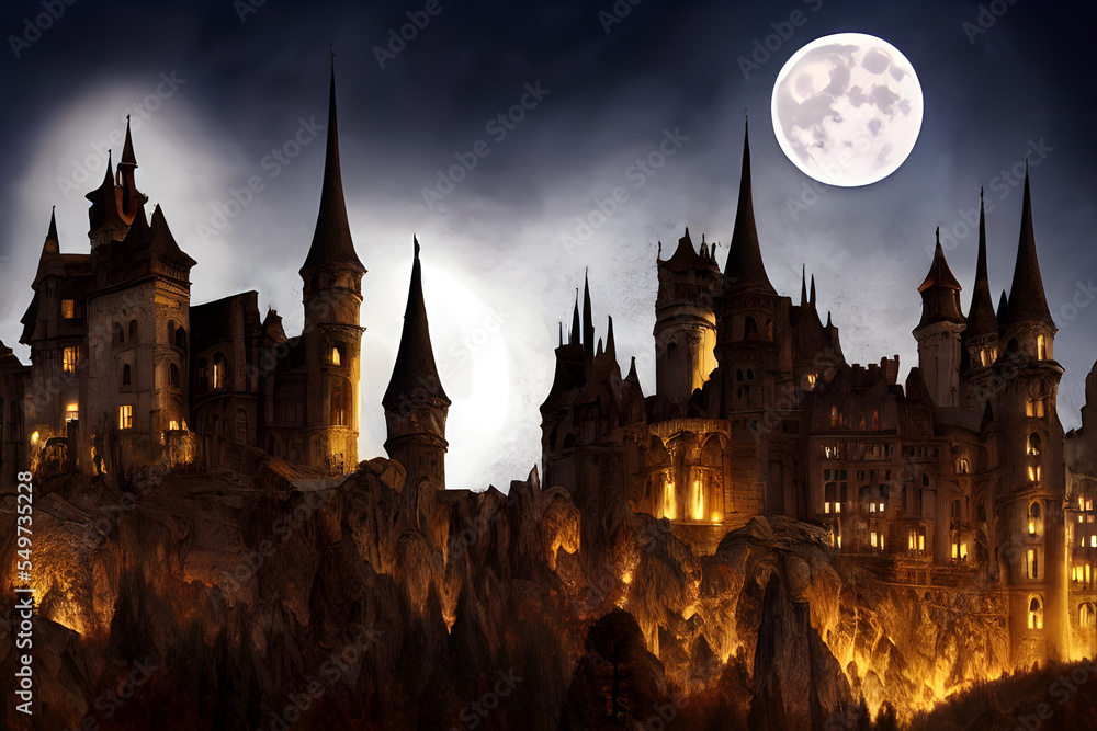 Digital Illustration Dark Castle Under a Big Moon