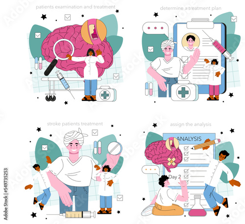 Neurologist concept set. Doctor examine and treat human brain and nervous