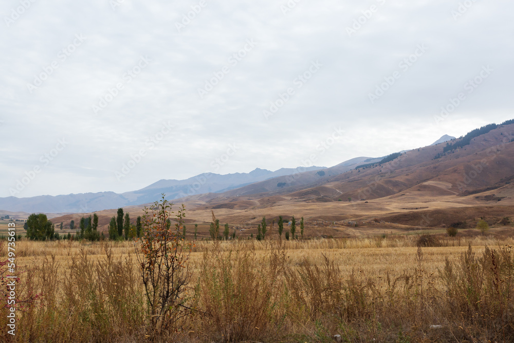Mountain landscape view in Kyrgyzstan, Tian Shan mountains in the foggy morning