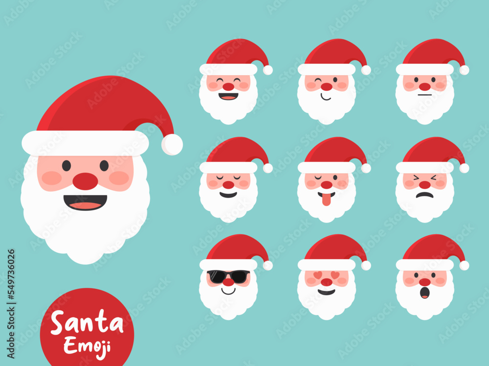 Santa Claus emoji set with cute and different faces and emotions. Flat vector illustration. Santa Claus emoji set with cute and different faces and emotions. Flat vector illustration.