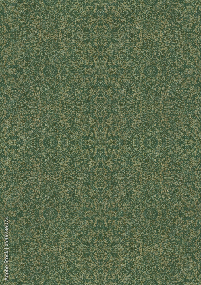 Hand-drawn unique abstract symmetrical seamless gold ornament of golden glitter on a warm green background. Paper texture. Digital artwork, A4. (pattern: p06e)