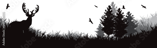 Print op canvas Vector silhouette of deer in a forest.