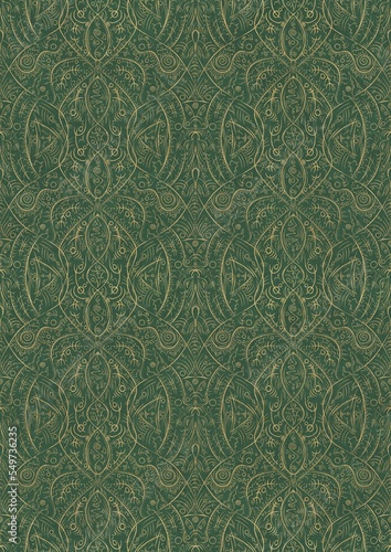 Hand-drawn unique abstract symmetrical seamless gold ornament of golden glitter on a warm green background. Paper texture. Digital artwork, A4. (pattern: p08-2e)