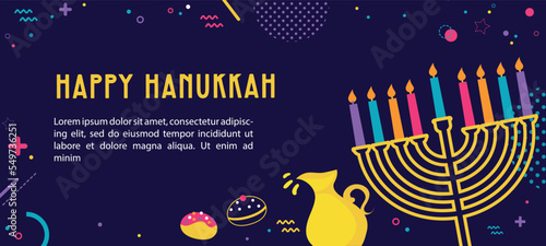 Hanukkah yellow template with Torah, menorah and dreidels. Greeting card. Translation Happy Hanukkah. Vector illustration.