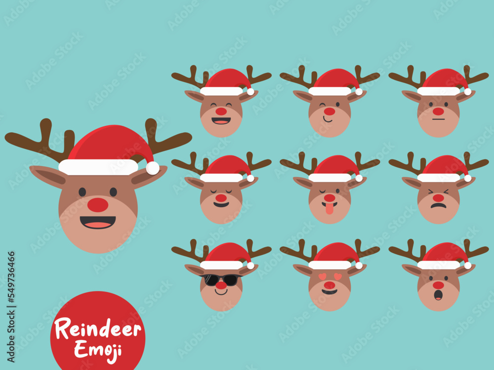 Rudolph Reindeer emoji set with different faces and emotions. Christmas emoji collection. Flat