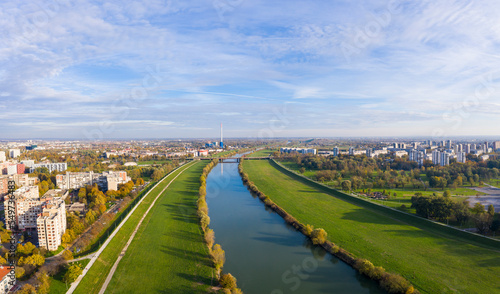 Panoramic aerial view of scenic sunset above Sava river, Zagreb, Croatia.