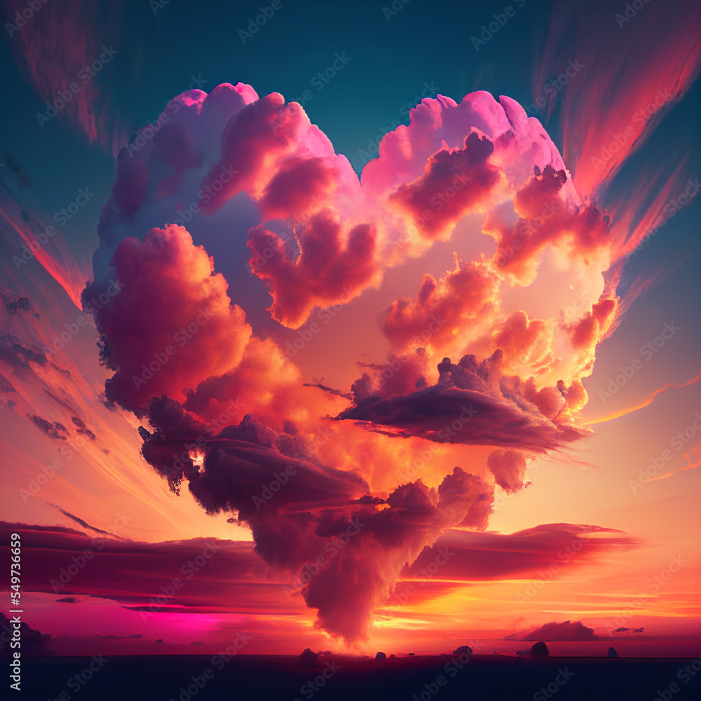 Pink heart cloud. Love cloud in the sky. Love background. Pink heart