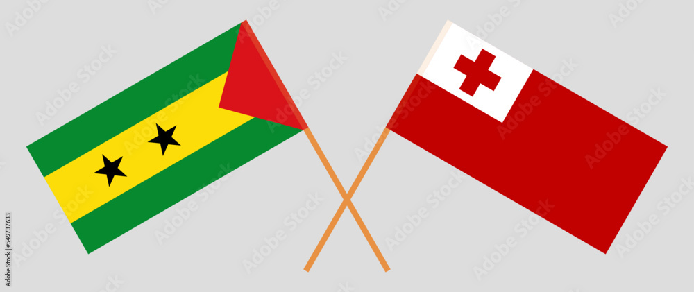 Crossed flags of Sao Tome and Principe and Tonga. Official colors. Correct proportion Crossed flags of Sao Tome and Principe and Tonga. Official colors. Correct proportion