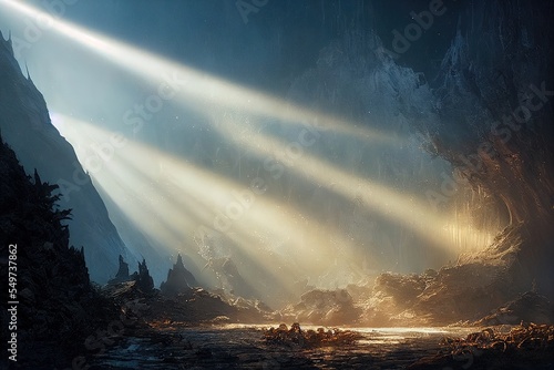 Fototapeta Mountain Gorge Illuminated by Light Beams - Fantasy Landscape - Digital Art, Con