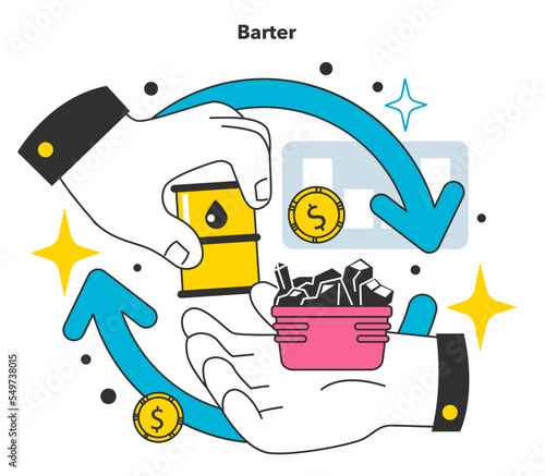 Barter system. Economical exchange between people. Trading goods