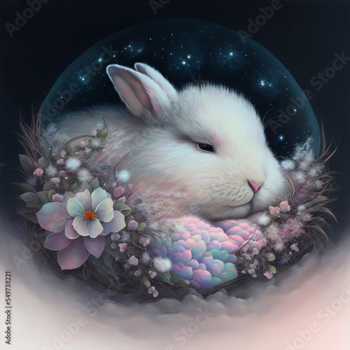 Papier peint Cute white bunny in fantasy flower