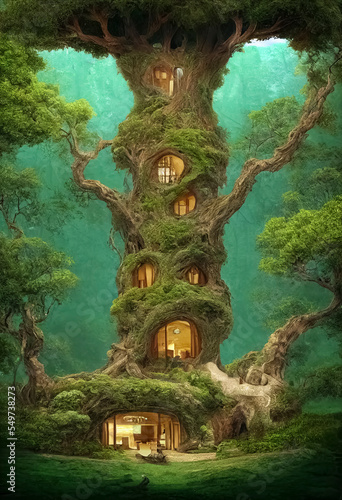 a tree house in a cool forest and can enjoy the view directly. © Bayu