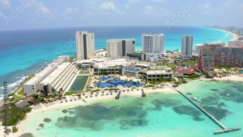 Cancun, Mexico. A hotel zone and public beach aerial view photo