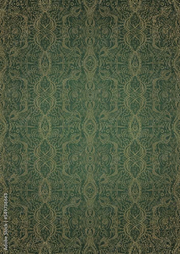 Hand-drawn unique abstract gold ornament on a green warm background, with vignette of darker background color and splatters of golden glitter. Paper texture. Digital artwork, A4. (pattern: p09e) Hand-drawn unique abstract gold ornament on a green warm background, with vignette of darker background color and splatters of golden glitter. Paper texture. Digital artwork, A4. (pattern: p09e)