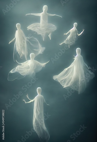 Billede på lærred Family of Ghosts White Mysterious Figures in Forest - Digital Art, Concept Art