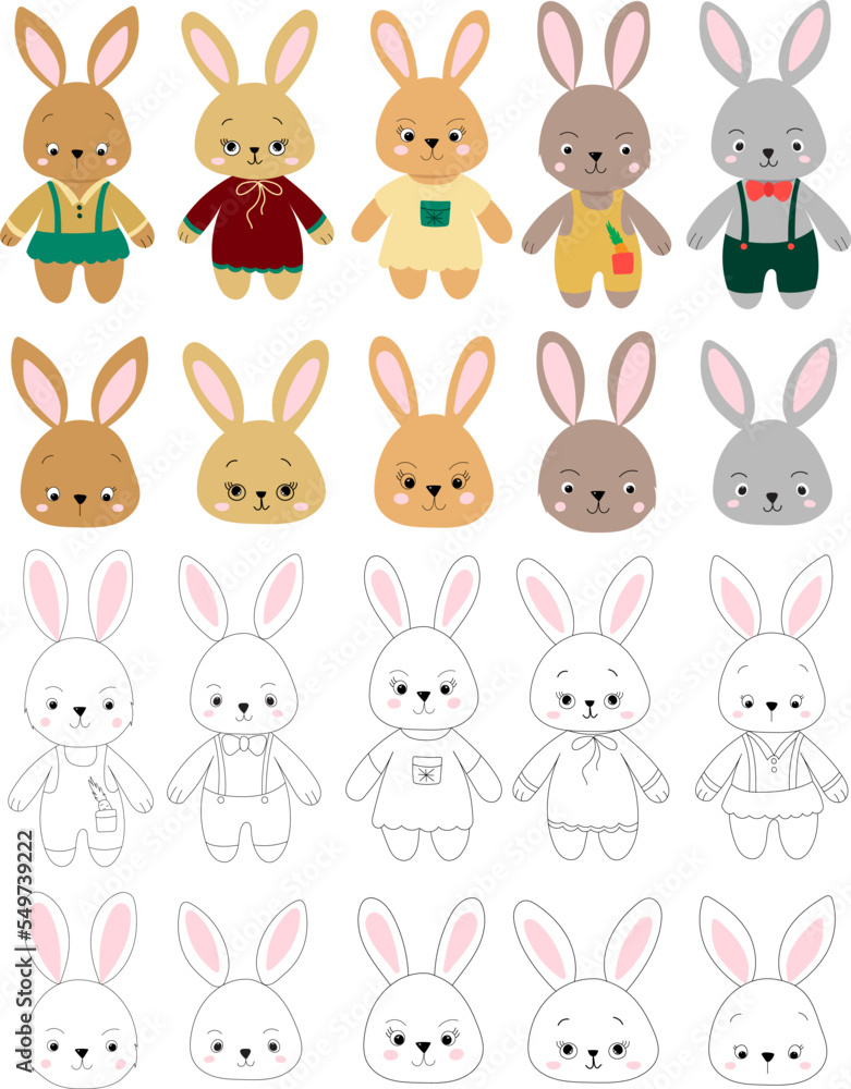 rabbits cartoon set in flat style, isolated vector rabbits cartoon set in flat style, isolated vector
