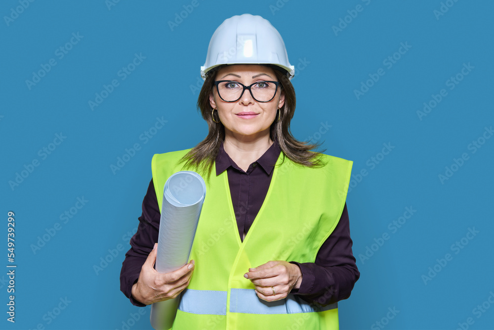 Woman engineer architect in helmet protective vest on white background Woman engineer architect in helmet protective vest on white background