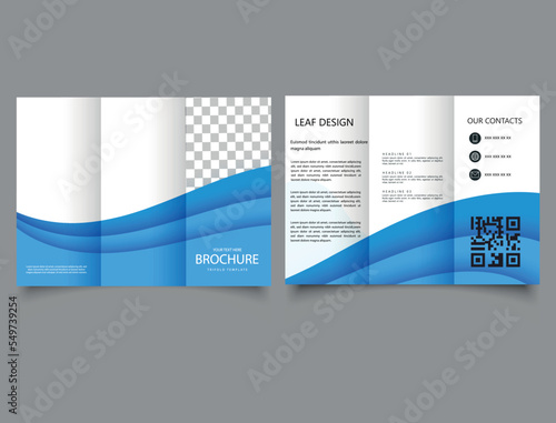 Trifold brochure with blue waves. Flyer for printing. Presentation graph. Advertising leaflet.