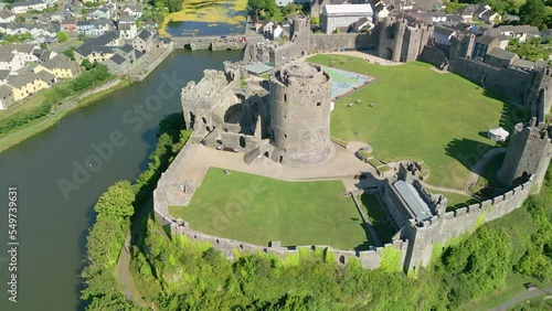 Aerial view of the ruins of an ancient Norman era castle (Pembroke)