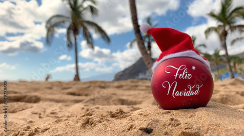 Obraz na płótnie Bomba navideña con sombrero de Papá Noel en la playa tirada en la arena con palmeras y cielo azul en el fondo. Feliz navidad desde el paraíso, isla exótica. Hawái, Islas Canarias, Bali. w salonie