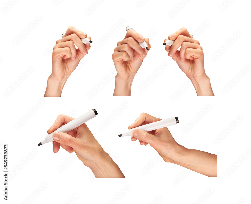 Female, women's hands holding a black marker pen as if writing a message isolated against a transparent background.