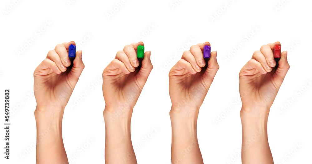 Female, women's hands holding a coloured marker pen as if writing a message isolated against a transparent background.