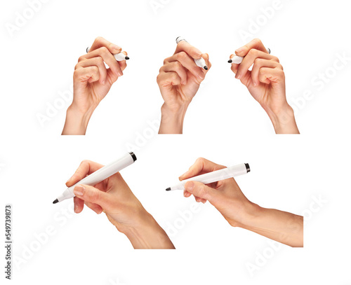 Obraz na płótnie Female, women's hands holding a black marker pen as if writing a message isolated against a transparent background. w salonie