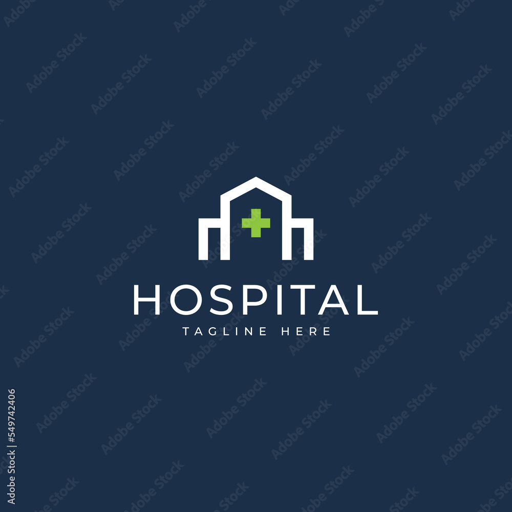 Hospital Logo. House with Cross Plus Sign Combination isolated on white Background.