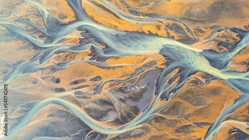 Aerial view of abstract water formation near Olfusa river bank in Iceland. photo