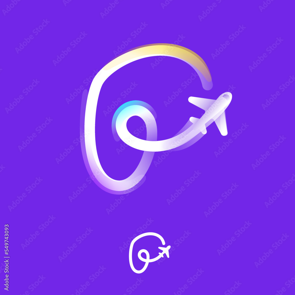Letter P logo made of one gradient line with plane icon and rainbow shine. Overlapping multicolor emblem. Letter P logo made of one gradient line with plane icon and rainbow shine. Overlapping multicolor emblem.
