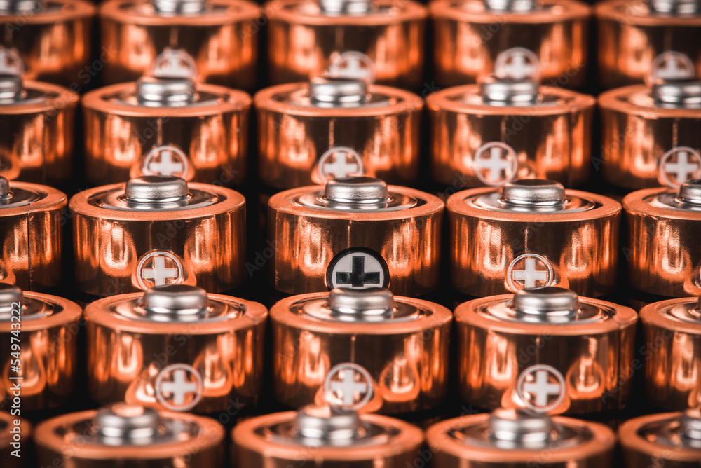 Rows od alkaline battery size AA with positive ends Rows od alkaline battery size AA with positive ends