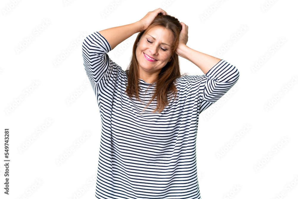 Middle age woman over isolated background laughing Middle age woman over isolated background laughing