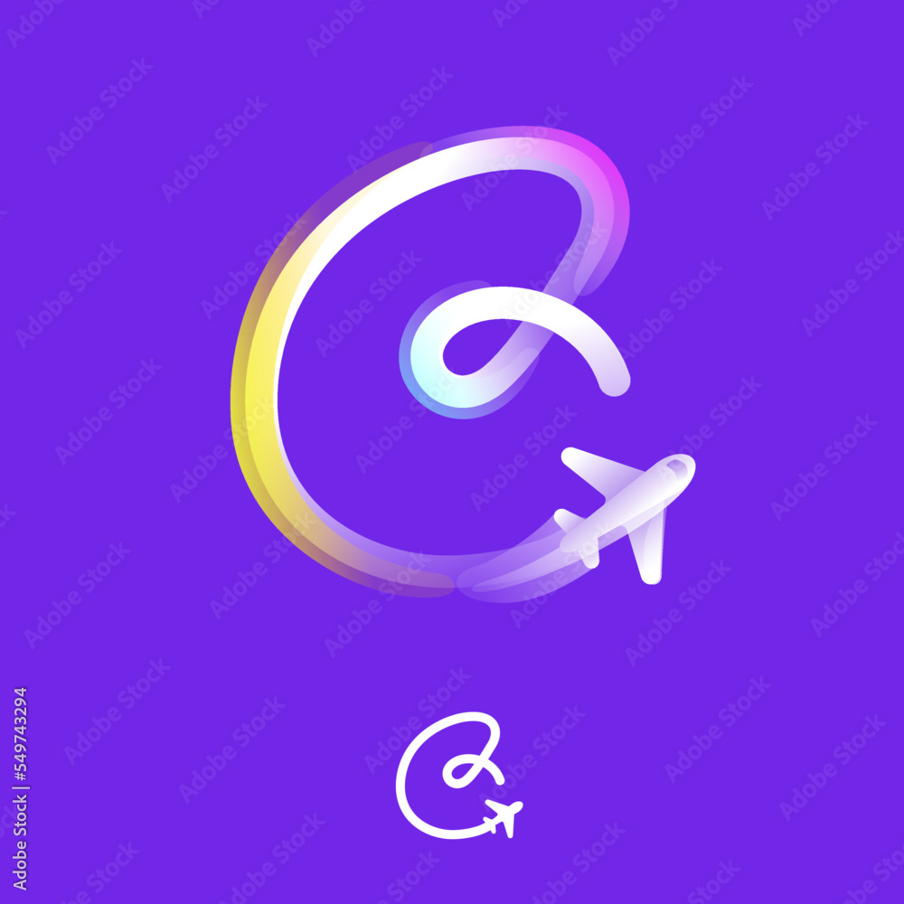 Number six logo made of one gradient line with plane icon and rainbow shine. Overlapping multicolor emblem.