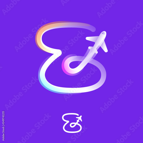 Letter Z logo made of one gradient line with plane icon and rainbow shine. Overlapping multicolor emblem.