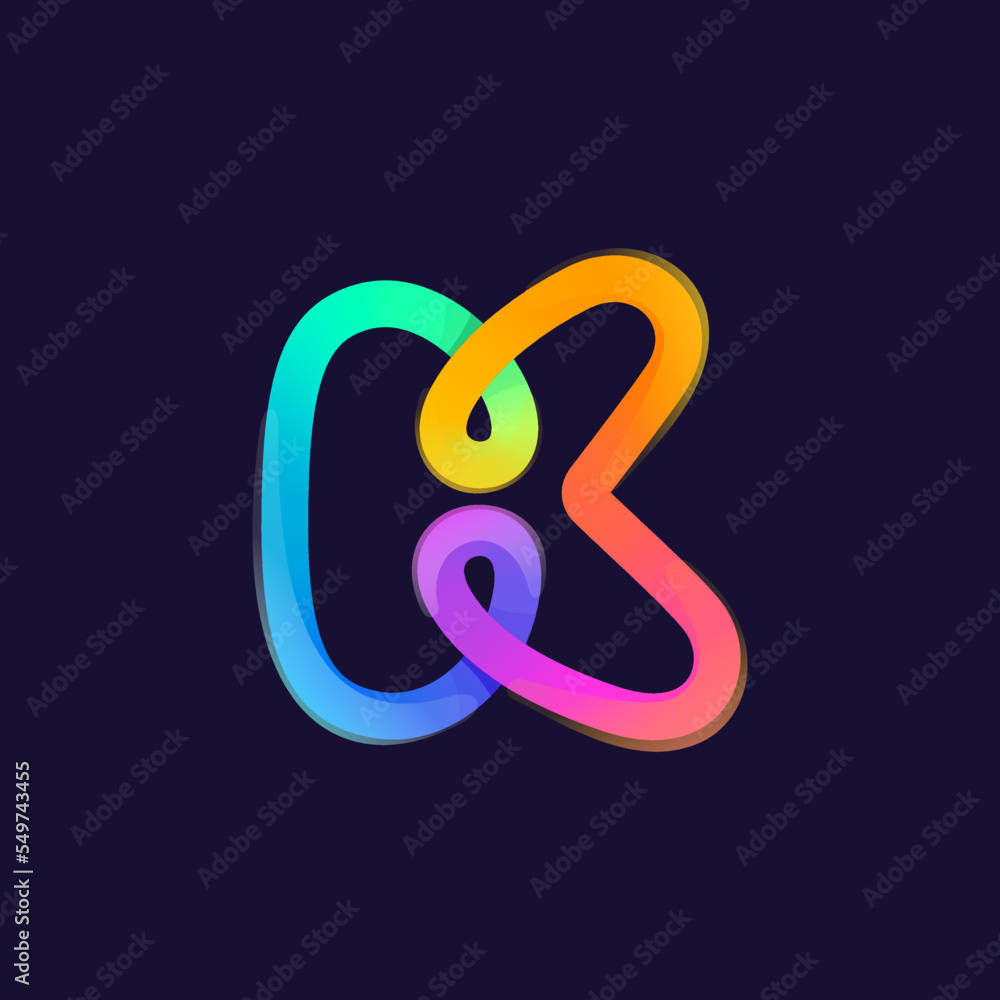 Letter K logo. Rainbow gradient one line icon. Overlapping multicolor emblem with glossy shine. Letter K logo. Rainbow gradient one line icon. Overlapping multicolor emblem with glossy shine.