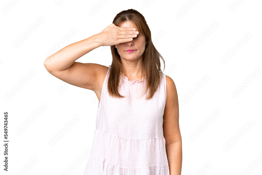 Middle age woman over isolated background covering eyes by hands. Do not want to see something Middle age woman over isolated background covering eyes by hands. Do not want to see something