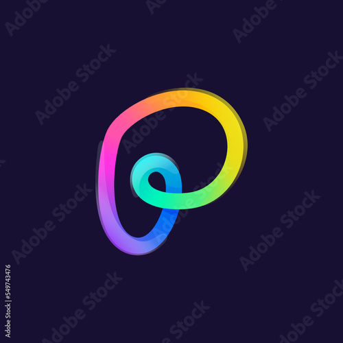 Letter P logo. Rainbow gradient one line icon. Overlapping multicolor emblem with glossy shine.