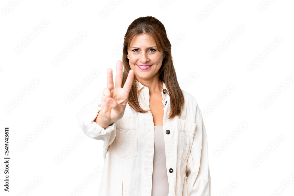 Middle age woman over isolated background happy and counting three with fingers Middle age woman over isolated background happy and counting three with fingers