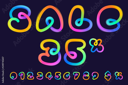 Rainbow gradient Sale banner with number set made of one line. Overlapping multicolor emblems with glossy shine.