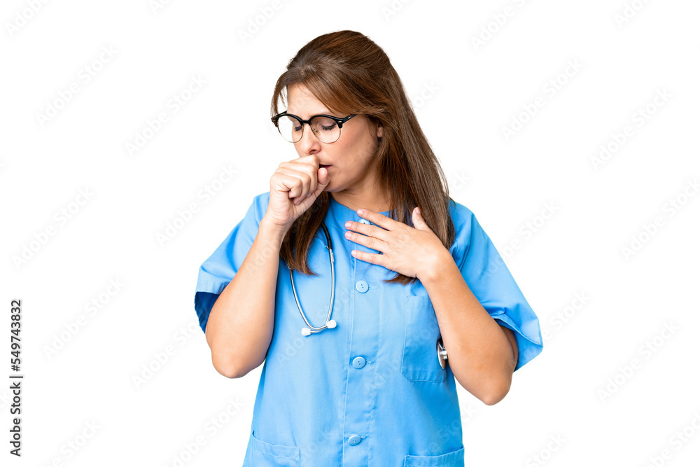 Middle age nurse woman over isolated background is suffering with cough and feeling bad Middle age nurse woman over isolated background is suffering with cough and feeling bad