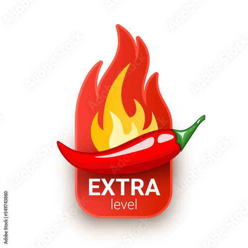 Red chili pepper pod and fire flame from behind. Extra spiciness level. Logo design for hot sauces or other spicy food