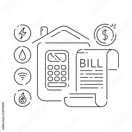 Calculating and paying electricity, utilities and household invoice bills. Home financial management and sustainable housing concept. Line art vector illustration