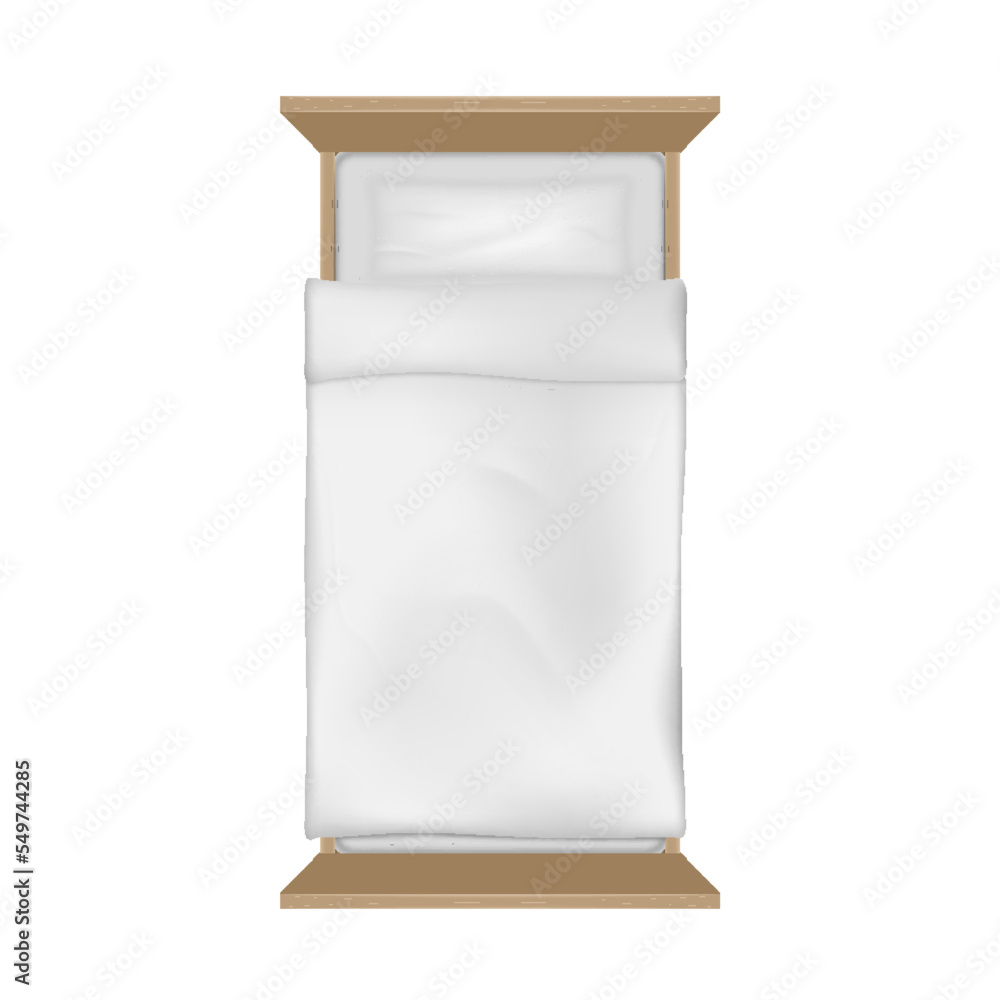 Single bed with mattress, white duvet blanket, sheets and pillows. Realistic bed for kids bedroom